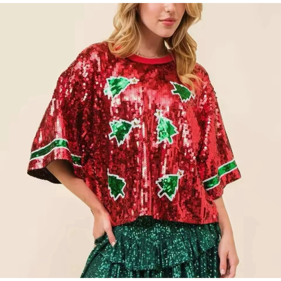 Oversized Red Sequins Top with Green Sequins Christmas Trees - Picture 2 of 4